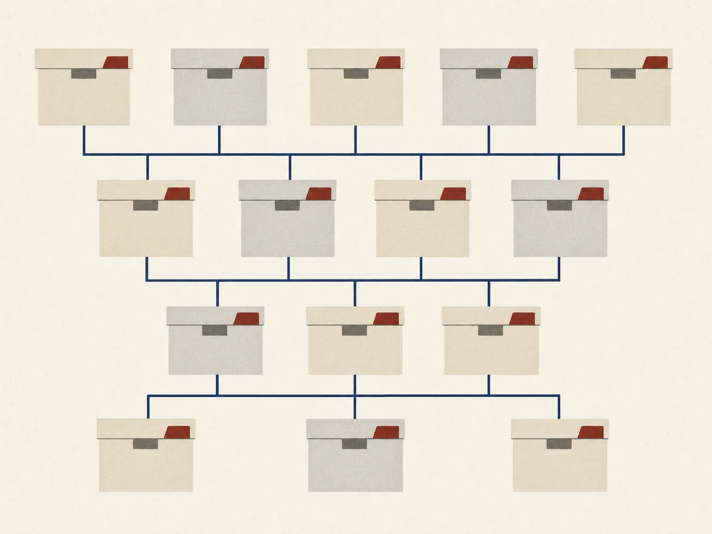 Abstract linked archive boxes in cream, grey and burgundy