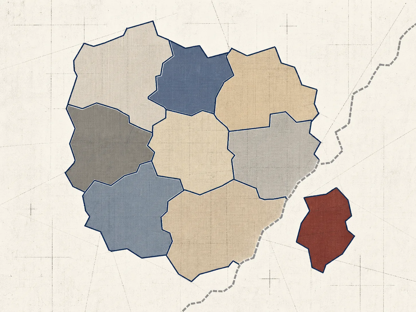 Abstract interlocking historic areas crossed by a modern boundary