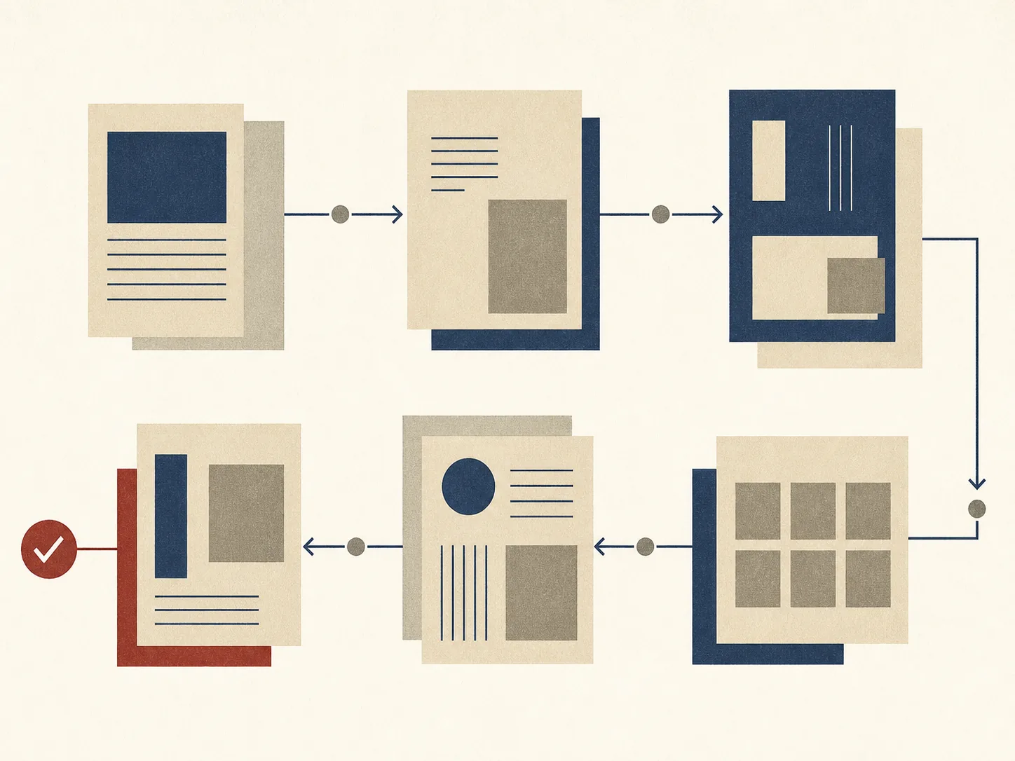 Abstract six-stage evidence workflow in cream, navy, grey and burgundy